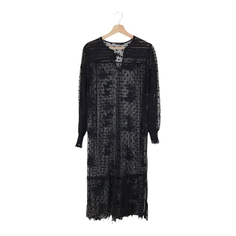 Zara Black Sheer Mesh Polka Dot/Floral Embroidery Midi Dress  Size Medium
